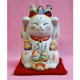 【民芸品】彩絵七福神招き猫（白９号）